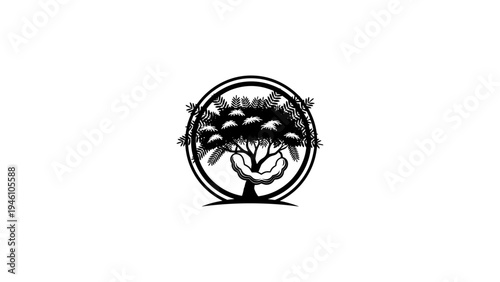 Elegant monochrome bonsai tree in circular frame design