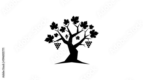 Silhouette of a grape tree with clusters of grapes and detailed leaves