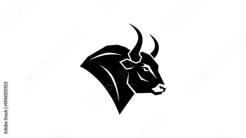 Bold black bull head in geometric silhouette art style on white background