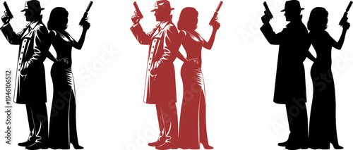 Pair of spy characters in noir style standing back to back with handguns