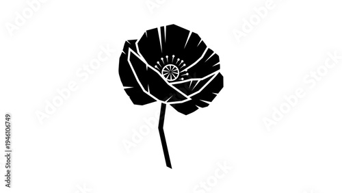 Bold black silhouette of a poppy flower on white background