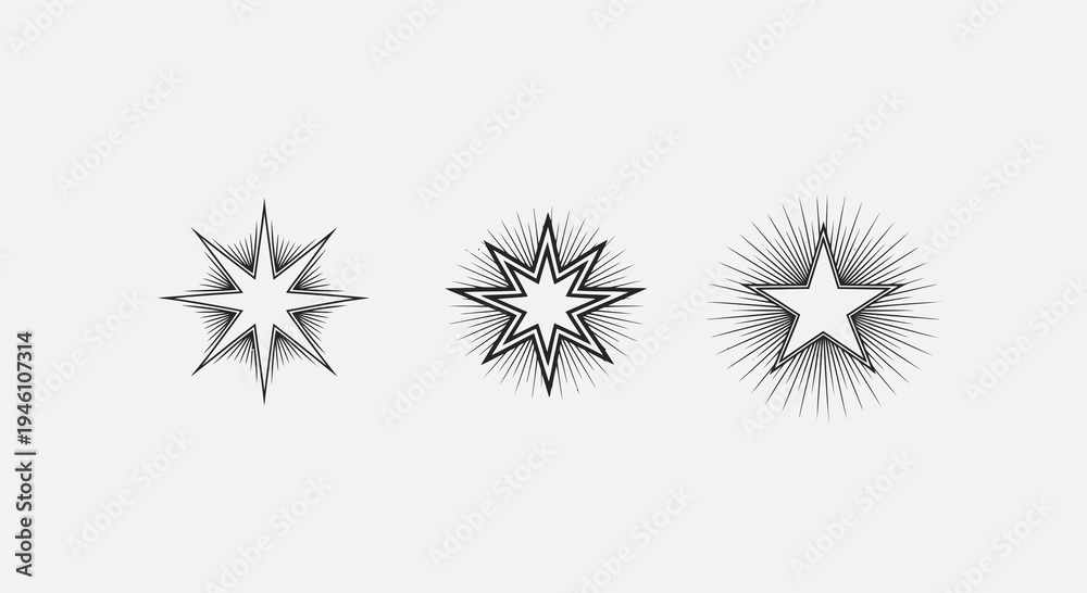 Fototapeta premium Set of 3 stylized starburst vector illustrations with radiating lines, abstract geometric shapes, minimalist design elements for graphic design projects