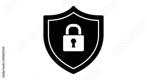 Black Shield with Padlock Icon Representing Data Security, Privacy, and Digital Protection. Secure Access Symbol
