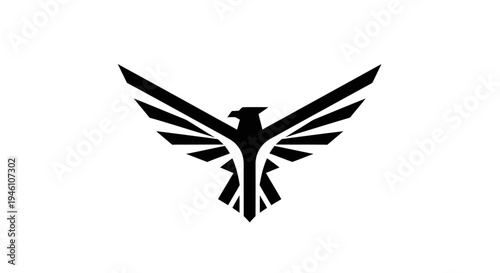 Majestic stylized eagle or phoenix bird with spread wings in black silhouette, vector graphic design element icon.