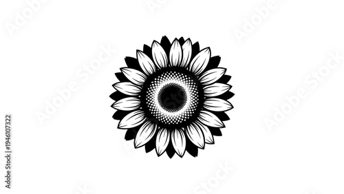 Detailed black and white sunflower design in mandala style for art projects