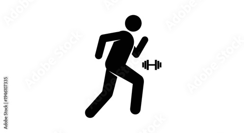 Dynamic stick figure running silhouette with dumbbell icon symbolizing fitness, exercise, workout, health, and active lifestyle