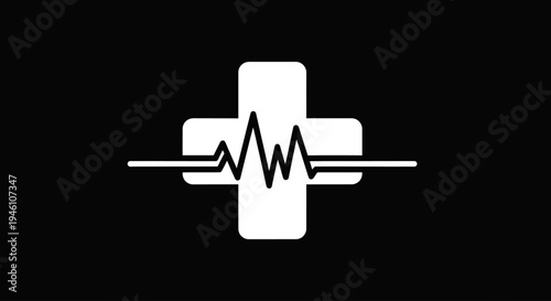 Medical cross with heartbeat line on black background, symbolizing health, emergency care, and first aid.