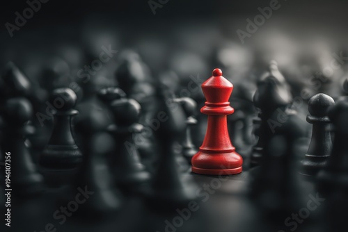 Red chess piece boldly rising among dark shadows