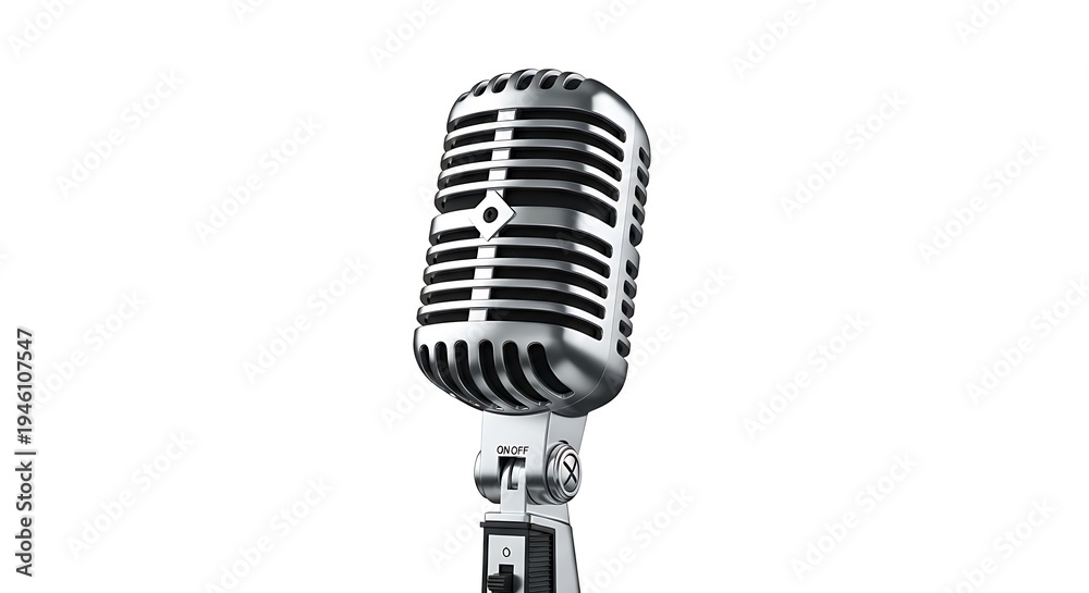 Fototapeta premium Classic silver vintage microphone on a white background, isolated and detailed