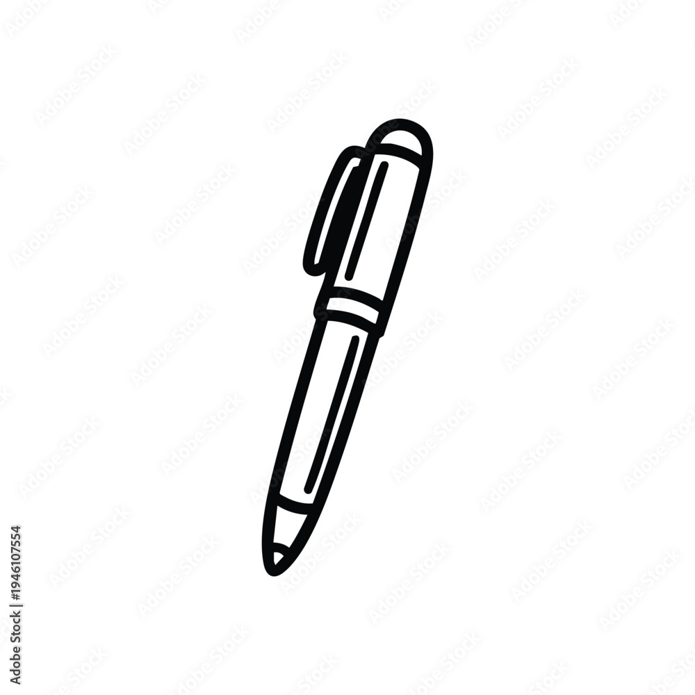 Obraz premium Black and white vector illustration of a ballpoint pen office stationery icon for education and business design