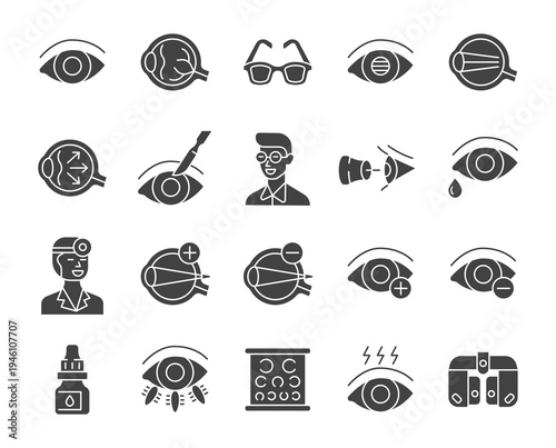 Ophthalmology glyph icon set. Vision diagnostic and treatment symbol. Vector collection with eye, eyeball, laser surgery, glasses, ophthalmologist, phoropter, hyperopia, myopia, cataract.