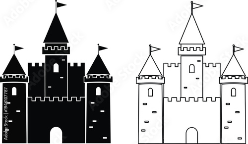 Castle illustration, medieval castle drawing, fantasy castle sketch, black and white castle art Vector