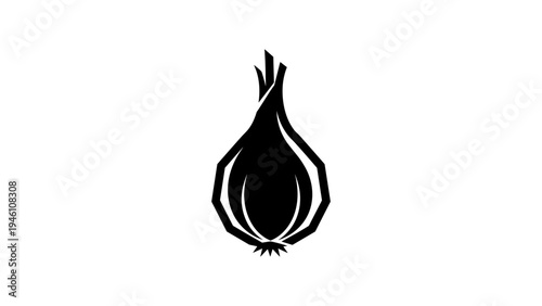 Stylized black silhouette of an onion on white background