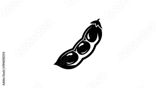 Black silhouette of edamame pod with three beans on white background