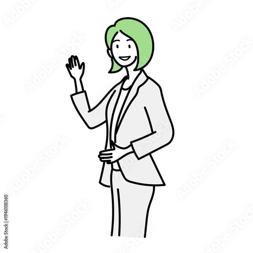 片手を挙げて笑顔で挨拶や案内をするスーツ姿のビジネスウーマン｜明るい表情でプレゼンや受付業務を行う女性のベクターイラスト