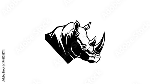 Bold rhinoceros head in black and white silhouette on white background
