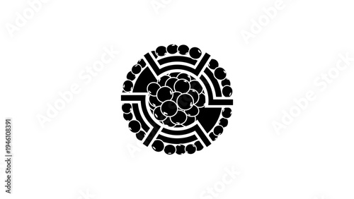 Abstract geometric circle with cross lines and central clusters in black silhouette