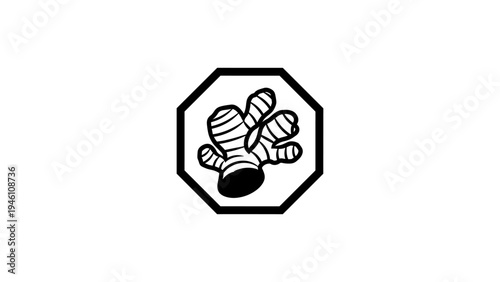 Monochrome linear ginger root icon in octagonal frame for food and health themes