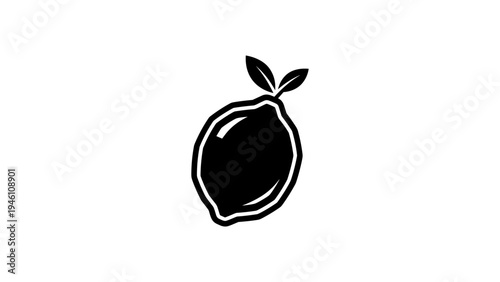 Minimalist black lemon silhouette with leaves on white background