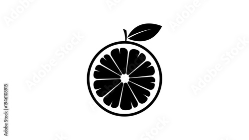 Black silhouette of citrus fruit with leaf on white background