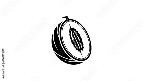 Black and white linear melon slice icon with detailed interior design