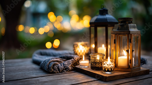 Serene scene with lanterns and candles creating warm atmosphere, spiritual observance setting, religious meditation space, peaceful contemplative environment, faith-based