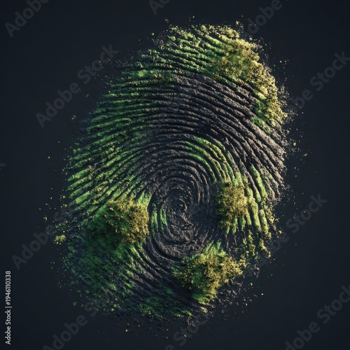 Creative concept of human fingerprint made from green grass and soil texture on dark background