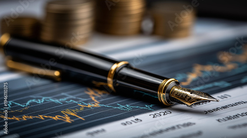 Wallpaper Mural Fountain pen resting on a printed financial chart displaying investment data and market trends, defocused background, stock market analysis concept, investment strategy, financial Torontodigital.ca
