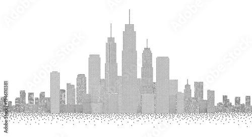 Vector city skyline illustration, gray buildings on white background