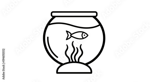 Simple Fishbowl with Fish and Seaweed Vector Illustration, Clean Line Art Graphic, Isolated on White Background, Pet Care Concept