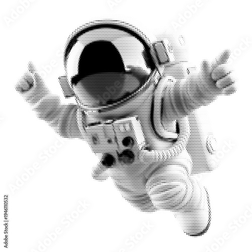 Baby astronaut vintage y2k halftone art, cute infant in space suit floating with helmet stipple brutalist retro vector png with transparent background, bold 2000s aesthetic photocopy effect tattoo