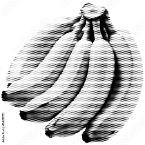 Bunch of bananas vintage y2k halftone art, ripe tropical banana cluster stipple brutalist retro vector png with transparent background, bold 2000s aesthetic photocopy effect tattoo