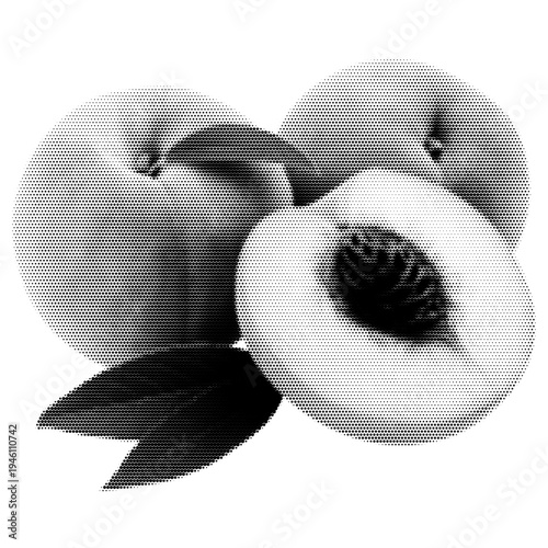 Peach fruit vintage y2k halftone art, ripe peach with leaf stipple brutalist retro vector png with transparent background, bold 2000s aesthetic photocopy effect tattoo