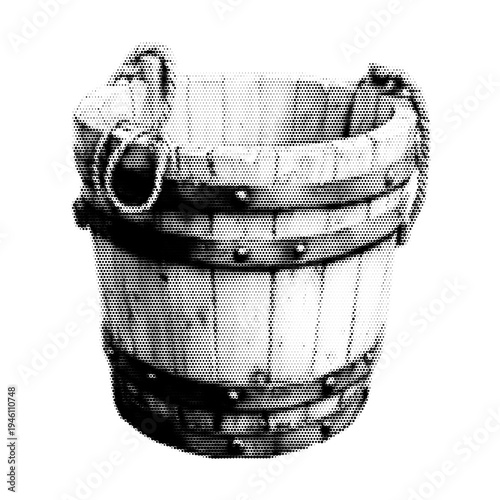 Wooden bucket vintage y2k halftone art, rustic wooden pail with metal bands stipple brutalist retro vector png with transparent background, bold 2000s aesthetic photocopy effect tattoo