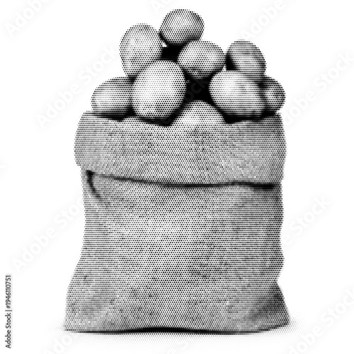 Bag of potatoes vintage y2k halftone art, sack filled with potatoes stipple brutalist retro vector png with transparent background, bold 2000s aesthetic photocopy effect tattoo