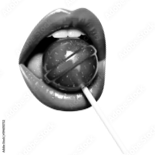 Lips with lollipop vintage y2k halftone art, sensual mouth holding round candy lollipop stipple brutalist retro vector png with transparent background, bold 2000s aesthetic photocopy effect tattoo