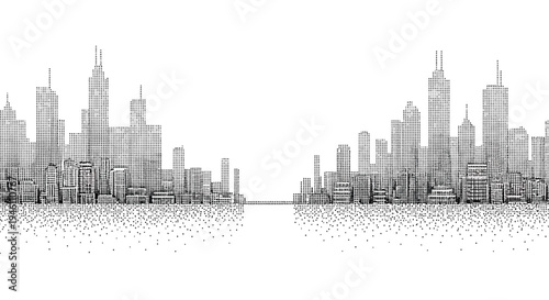 Vector city skyline illustration, black and white, skyscrapers, urban landscape