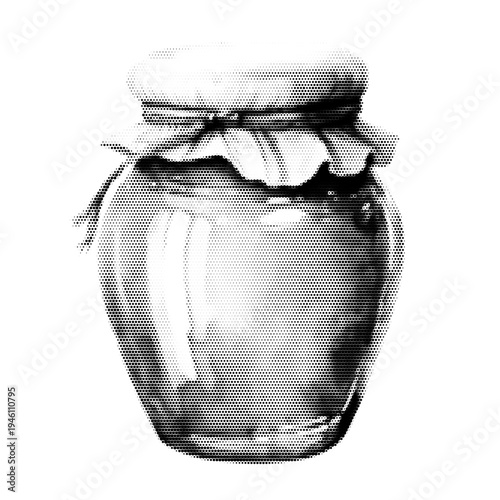 Honey jar vintage y2k halftone art, glass jar filled with dripping honey and dipper stipple brutalist retro vector png with transparent background, bold 2000s aesthetic photocopy effect tattoo