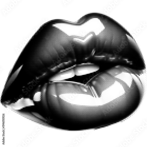 Shiny lips vintage y2k halftone art, glossy human lips with reflective shine stipple brutalist retro vector png with transparent background, bold 2000s aesthetic photocopy effect tattoo