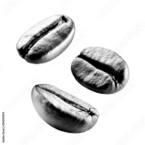 Coffee beans vintage y2k halftone art, roasted coffee beans close-up stipple brutalist retro vector png with transparent background, bold 2000s aesthetic photocopy effect tattoo