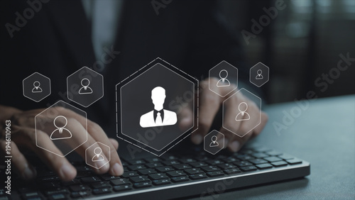 HR management system platform concept. Person typing keyboard with employee management icons, workforce planning, recruitment management and human capital development.