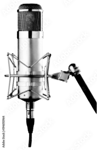 Condenser microphone vintage y2k halftone art, studio recording microphone with mesh grille stipple brutalist retro vector png with transparent background, bold 2000s aesthetic photocopy effect tattoo