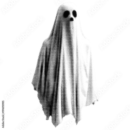 Ghost vintage y2k halftone art, spooky floating spirit with eerie glow stipple brutalist retro vector png with transparent background, bold 2000s aesthetic photocopy effect tattoo