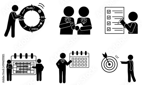 業務管理とPDCAサイクルのビジネスピクトグラムセット（計画・チェック・目標管理・スケジュール管理）