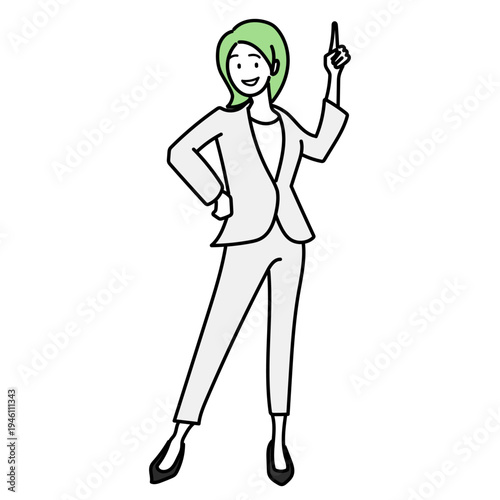 人差し指を立てて笑顔でポイントを解説するスーツ姿のビジネスウーマン｜自信に満ちた表情で提案や説明を行う女性のベクターイラスト