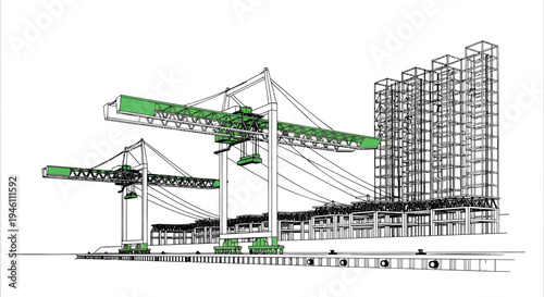 Vector illustration of industrial construction site with cranes and building