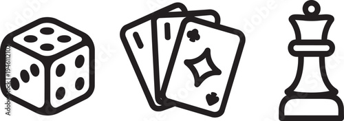 Dice, playing cards, and chess queen icons