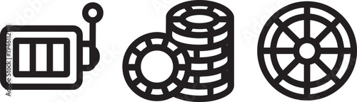 Construction materials icons: rebar spacer, stacked tires, wheel