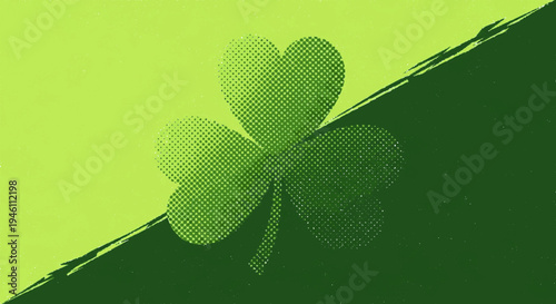Vibrant green four leaf clover on contrasting lime and dark green background with brush stroke
