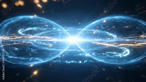 Two celestial orbs merge in an abstract depiction of cosmic energy and light in the dark